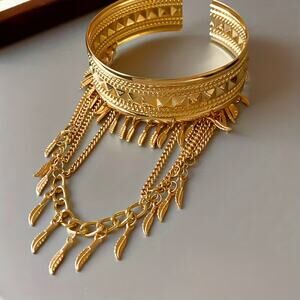 Gold Boho Tribal Festival Rave Arm Cuff Bracelet w/ Chains & Feather Charms